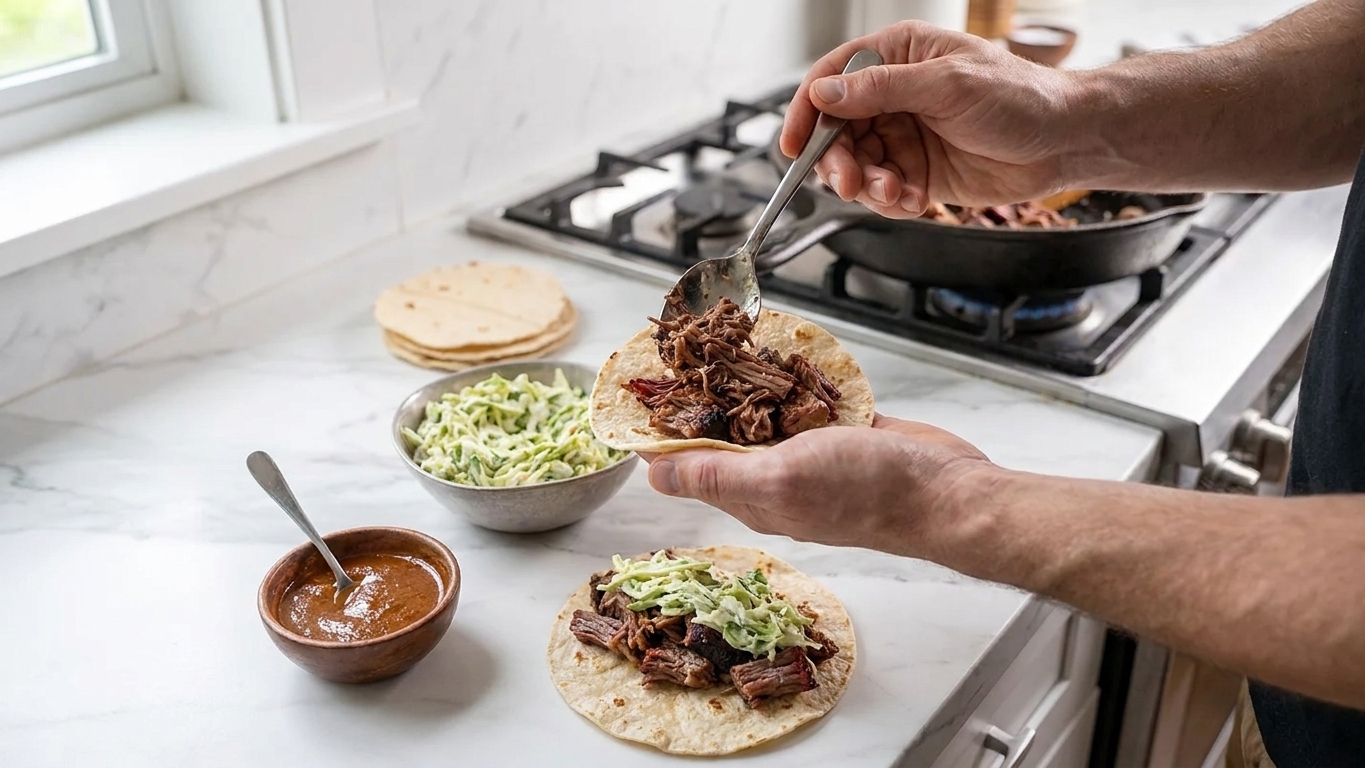 Hands assembling brisket tacos with lime slaw and chipotle sauce on a kitchen counter