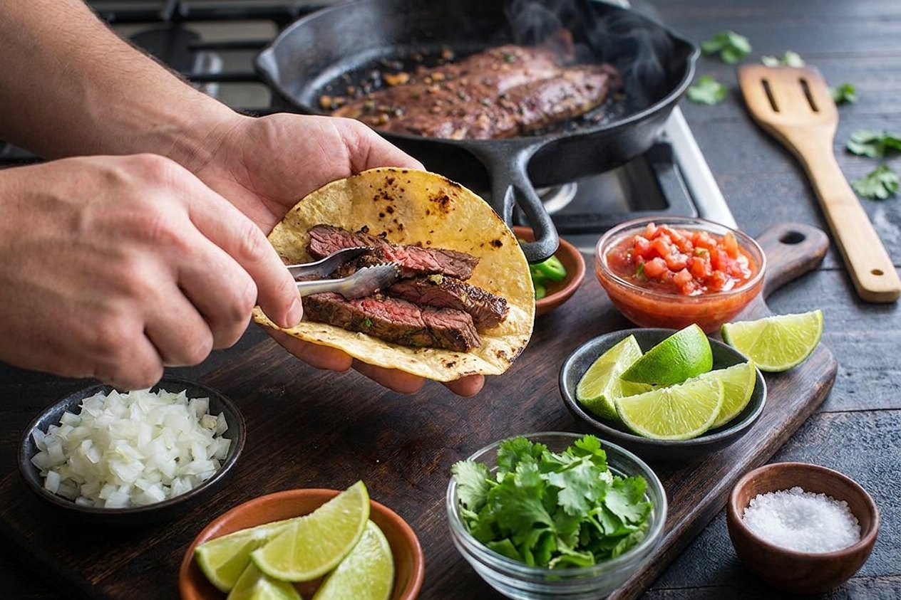 Hands assembling carne asada tacos on a wooden cutting board with bowls of chopped onion, cilantro, salsa, and lime wedges