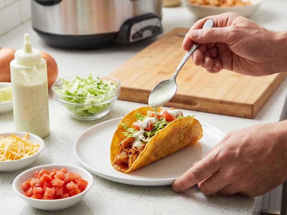 Hands assembling chicken chalupas with shredded lettuce, diced tomatoes, cheese, and lime crema on a kitchen counter