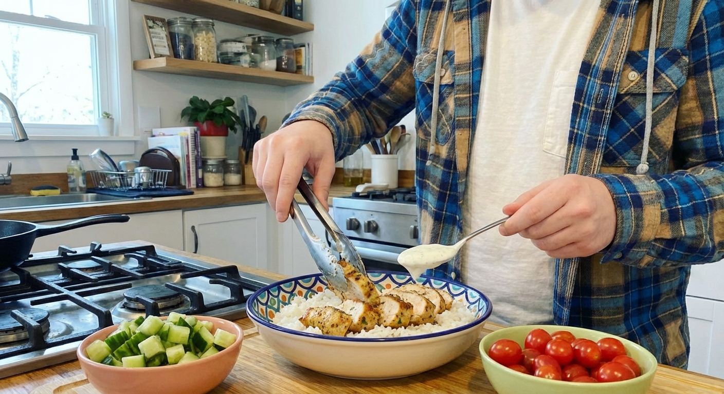 Hands assembling dinner bowls with rice, sliced chicken, and fresh cucumber tomato salad in a bright home kitchen