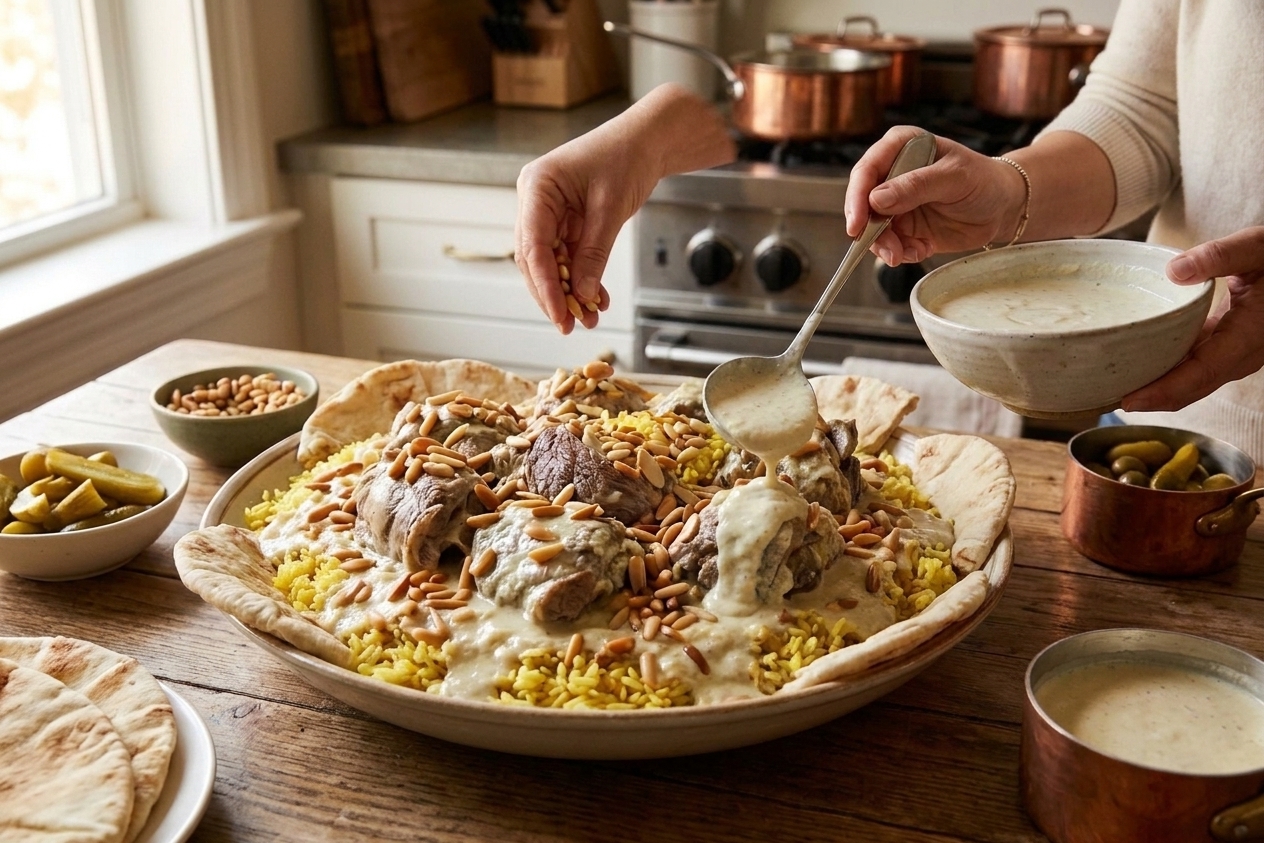 Hands assembling mansaf on a large platter with flatbread, rice, lamb pieces, and yogurt sauce being ladled over the top in a warm kitchen