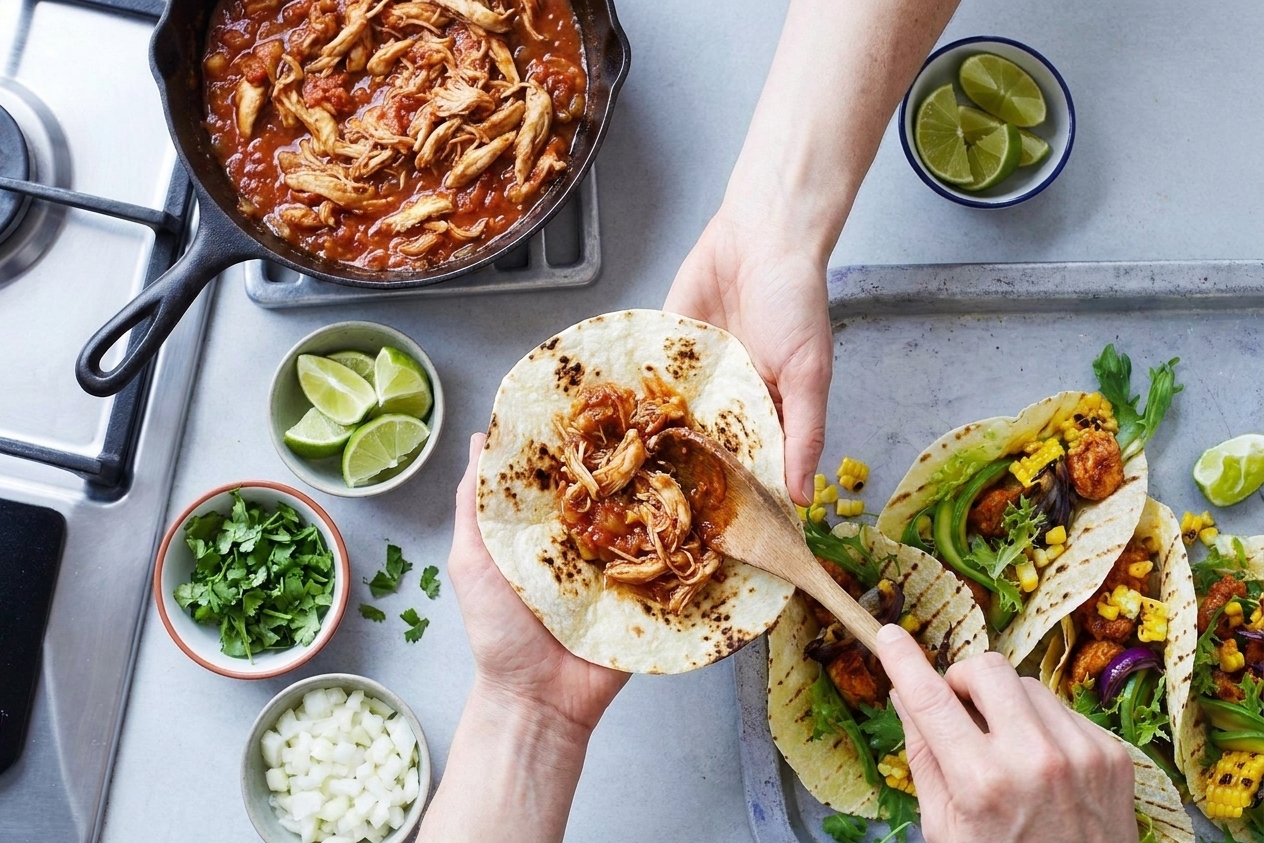 Hands assembling shredded chicken tacos on warm tortillas with cilantro and diced onion on a kitchen counter