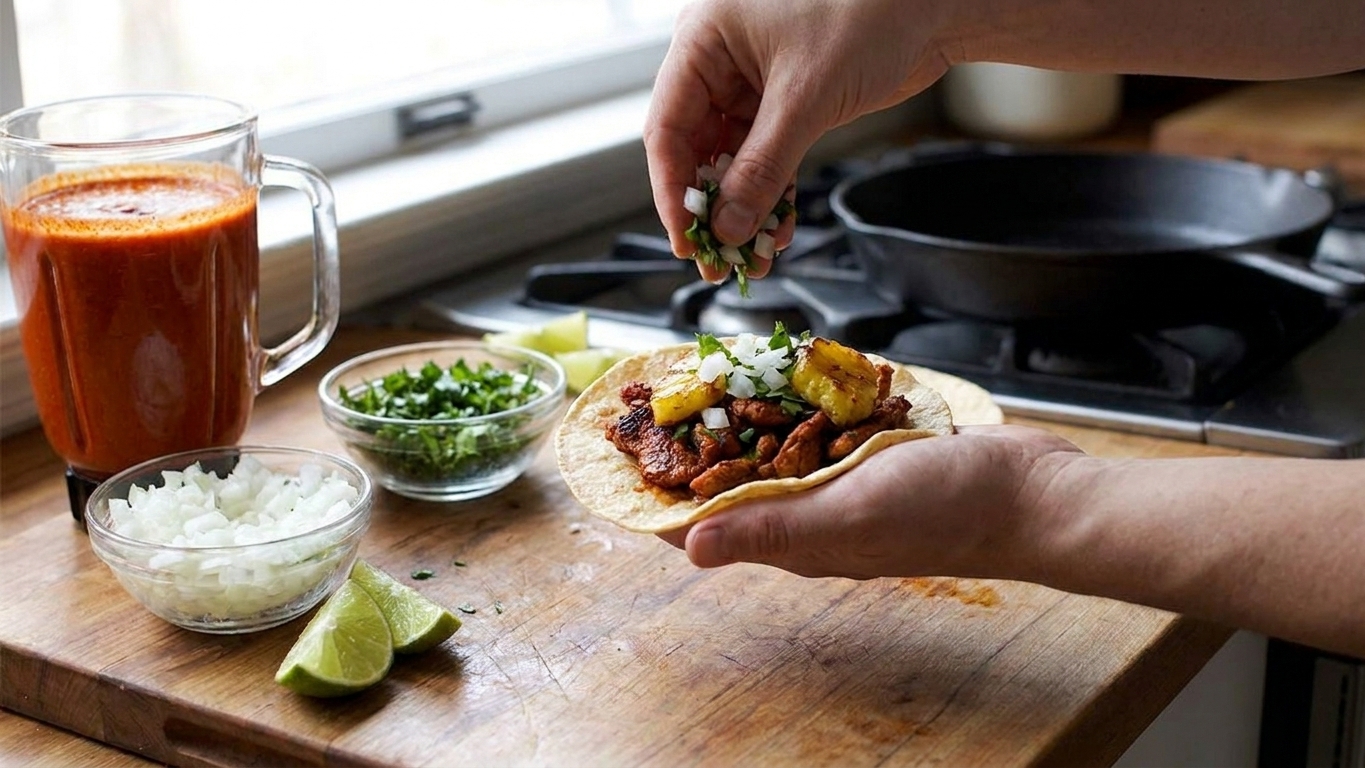 Hands assembling tacos al pastor on a wooden cutting board, adding chopped onion and cilantro over chopped pork and pineapple