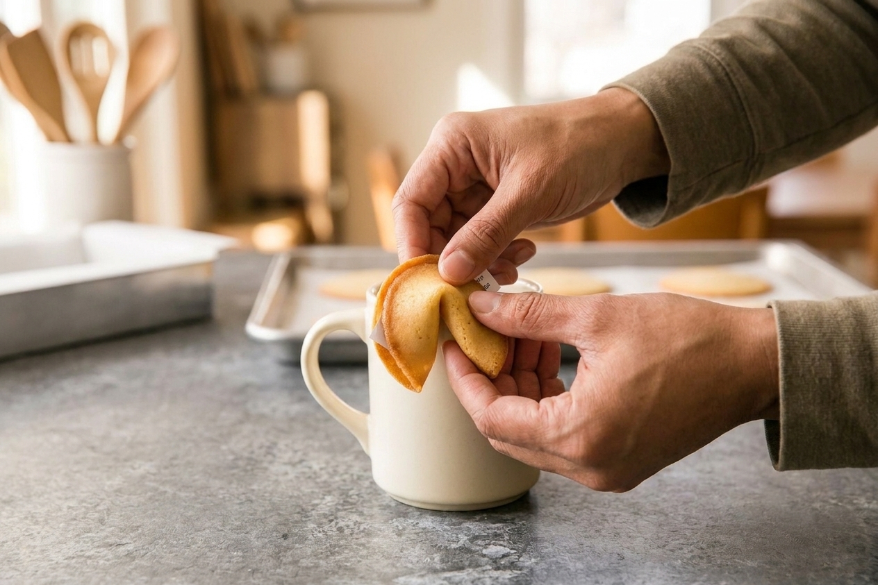 Hands bending a warm folded fortune cookie over the rim of a ceramic mug to form the classic shape