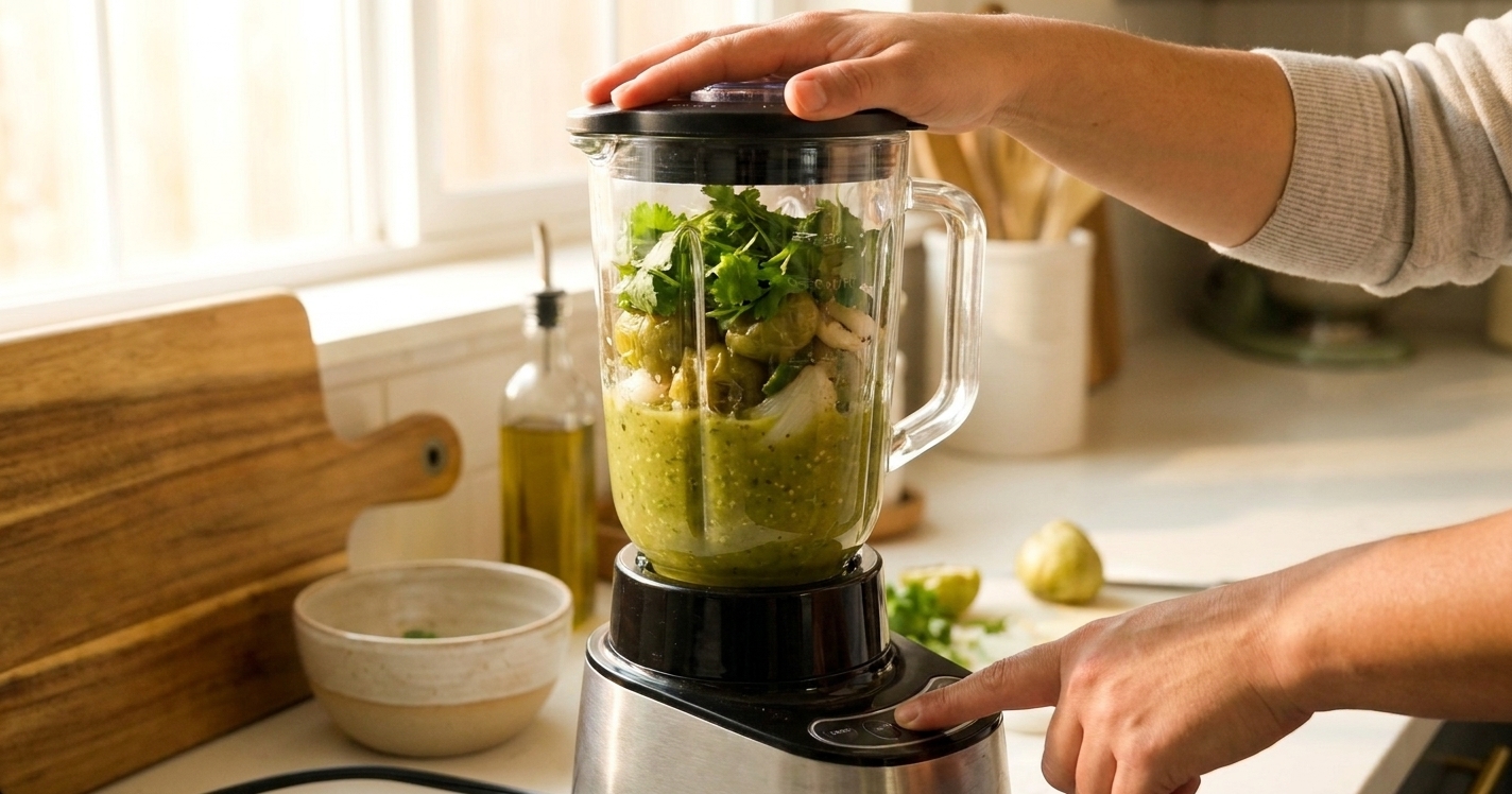 Hands blending roasted tomatillos and cilantro into a smooth green salsa in a countertop blender in a bright home kitchen