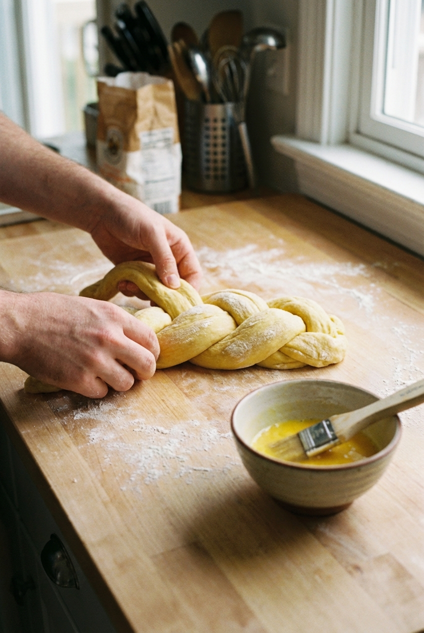 Hands braiding three ropes of challah dough on a lightly floured countertop with a small bowl of egg wash nearby