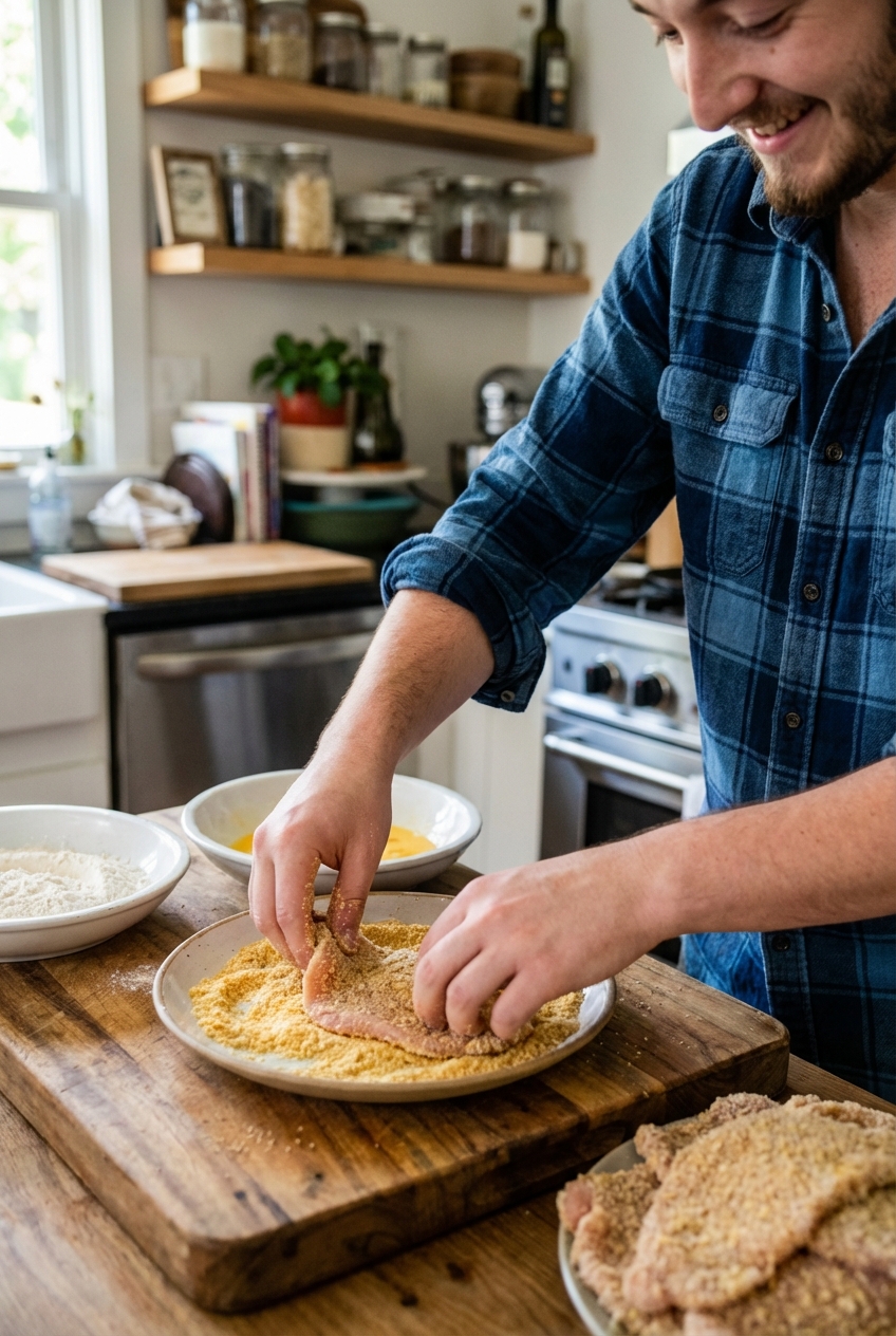 Hands breading a thin pork cutlet in breadcrumbs on a wooden cutting board