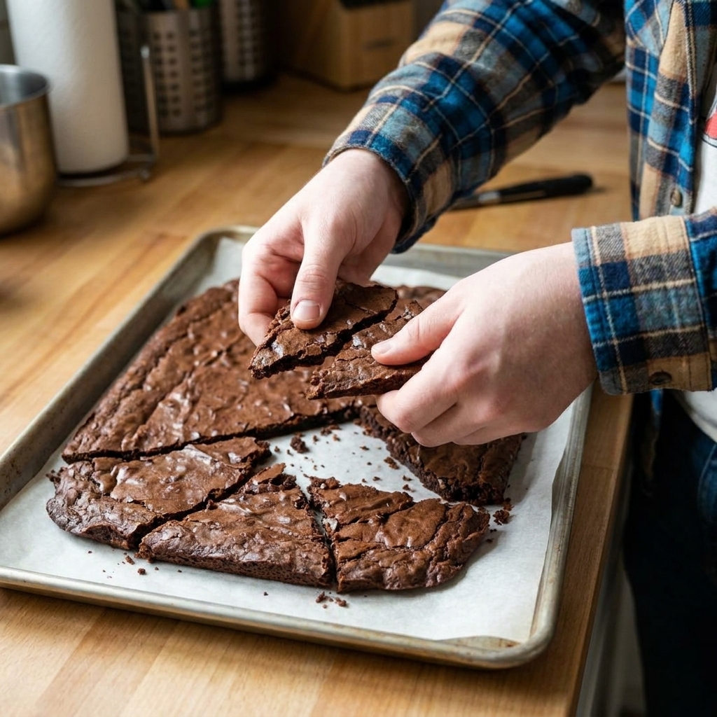 Hands breaking a cooled sheet of brownie brittle into crisp shards on parchment paper, close-up real food photo