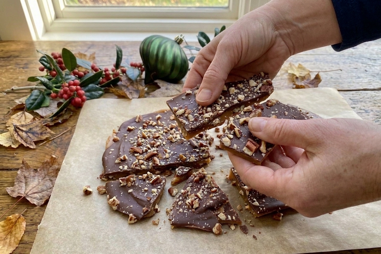 Hands breaking a cooled slab of chocolate-topped toffee into rustic pieces over parchment paper on a kitchen counter