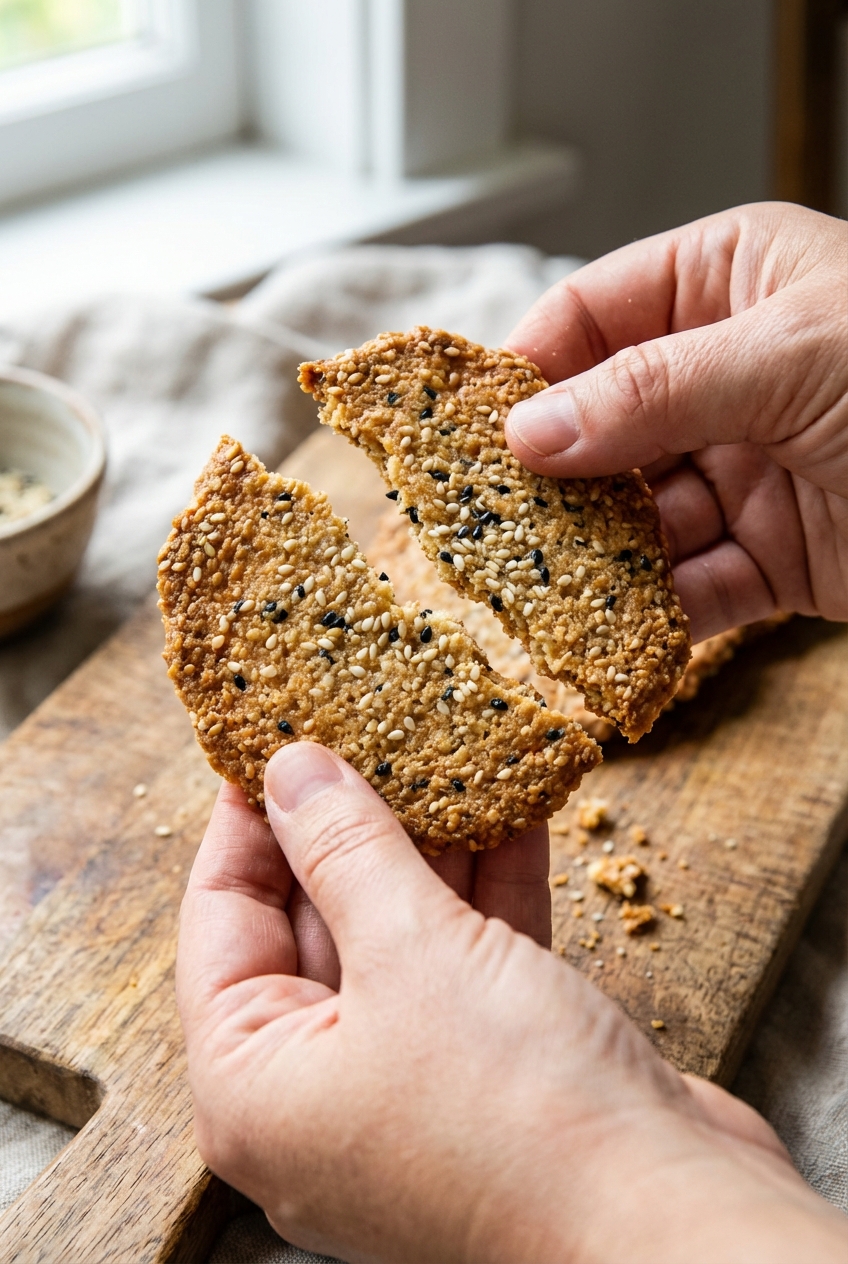 Hands breaking a crisp almond flour cracker in half, showing a crunchy texture with sesame seeds