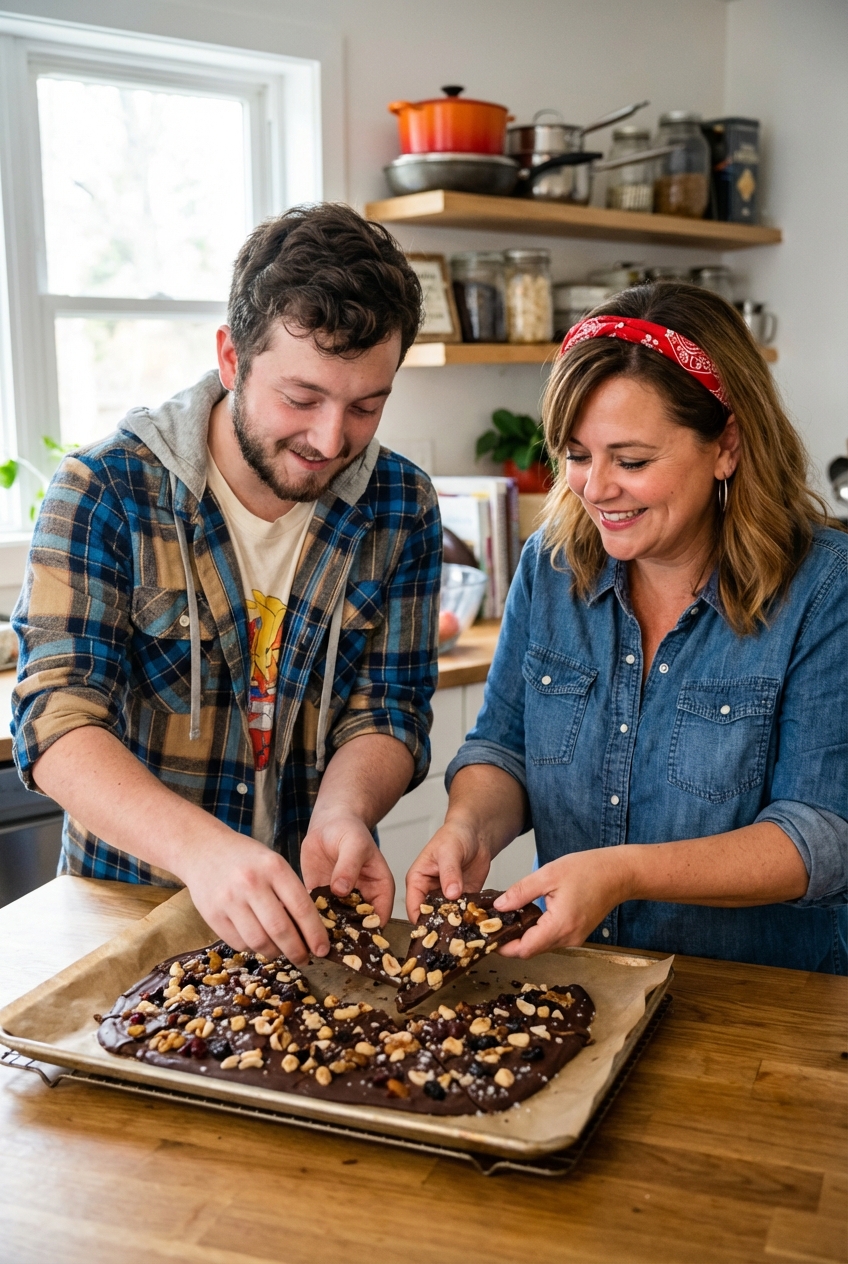 Hands breaking set chocolate bark into rustic pieces over a parchment-lined pan