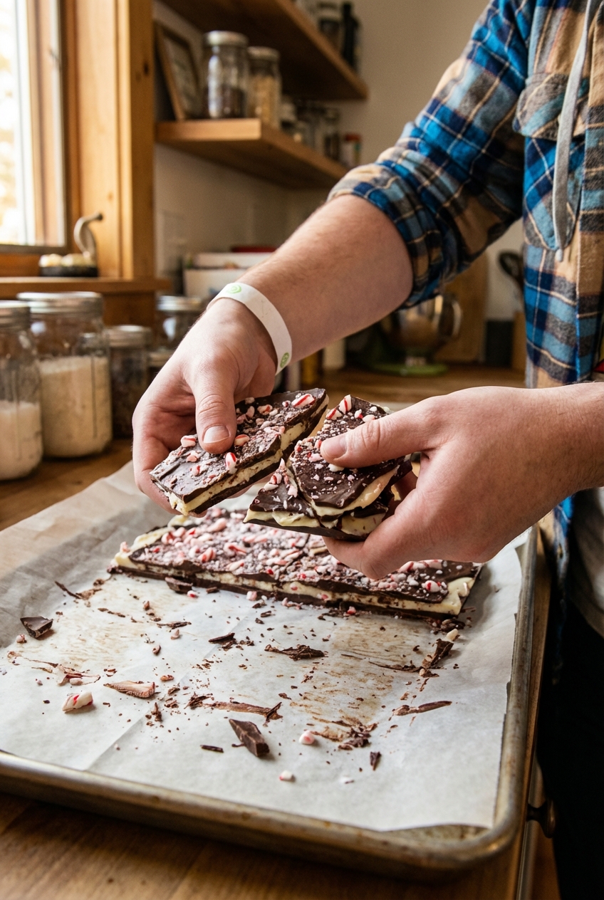 Hands breaking set peppermint bark into crunchy chunks over a parchment-lined baking sheet
