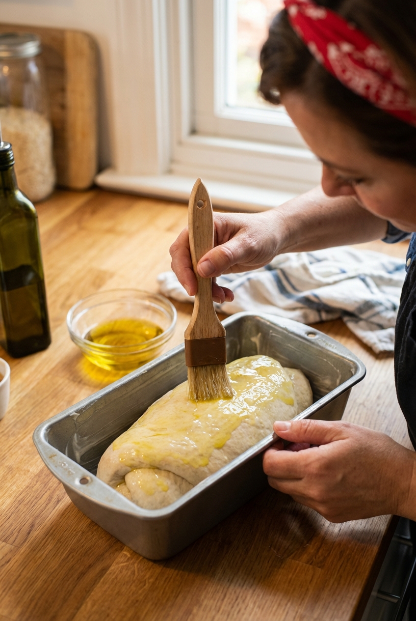 Hands brushing a shaped loaf with olive oil in a greased loaf pan before baking