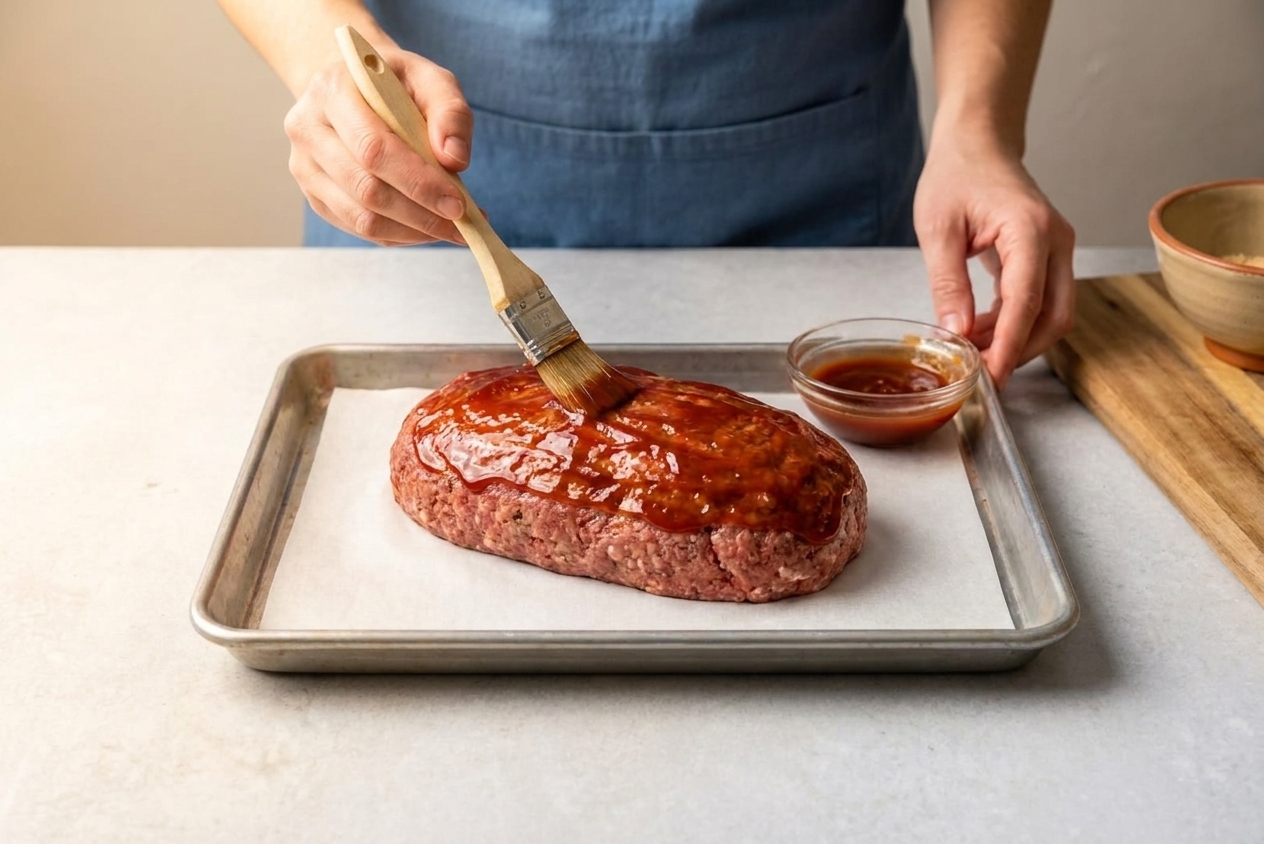 Hands brushing a shiny ketchup-based glaze over an unbaked meatloaf on a parchment-lined sheet pan on a kitchen counter.