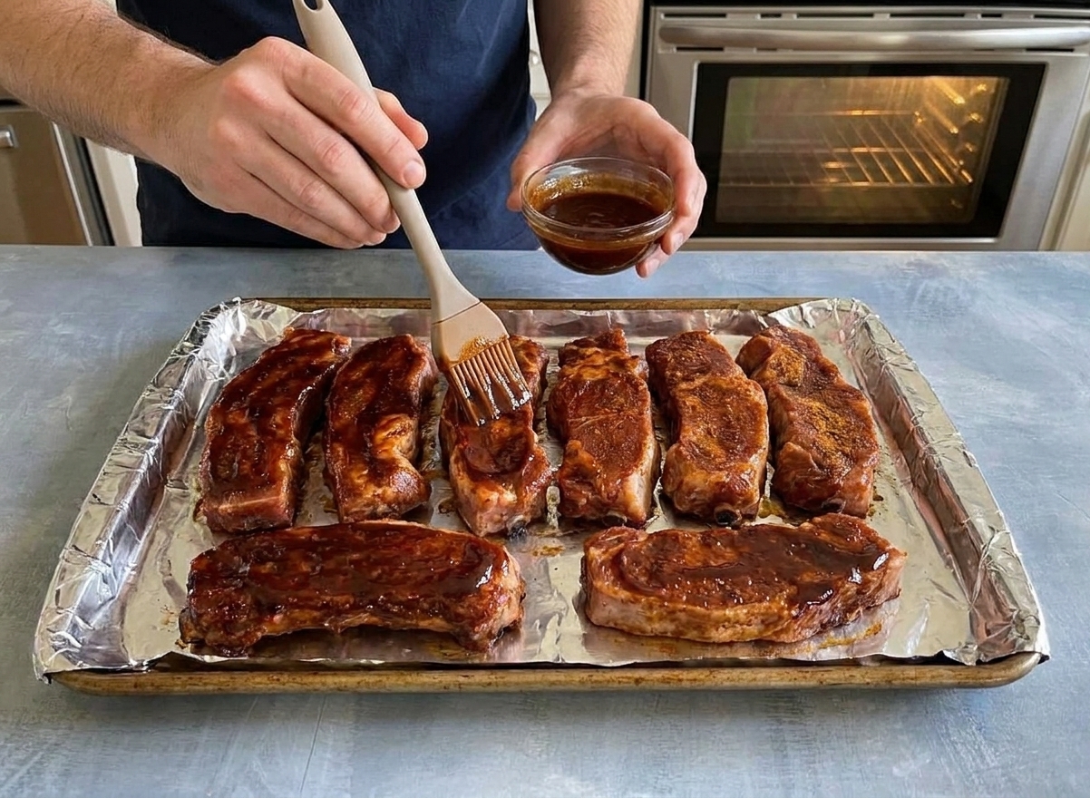 Hands brushing barbecue sauce onto country style ribs on a foil-lined sheet pan near an oven