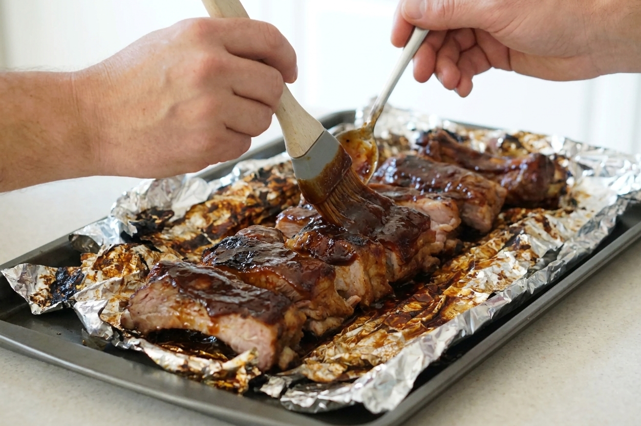 Hands brushing barbecue sauce onto tender country style pork ribs on a baking sheet after baking