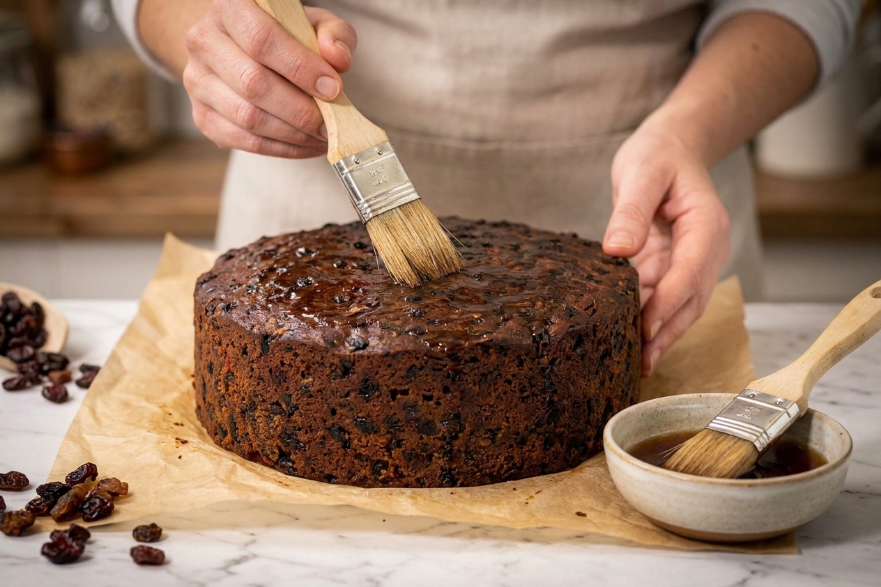 Hands brushing brandy over the top of a cooled Christmas fruitcake on a parchment-lined counter, with a small bowl and pastry brush nearby
