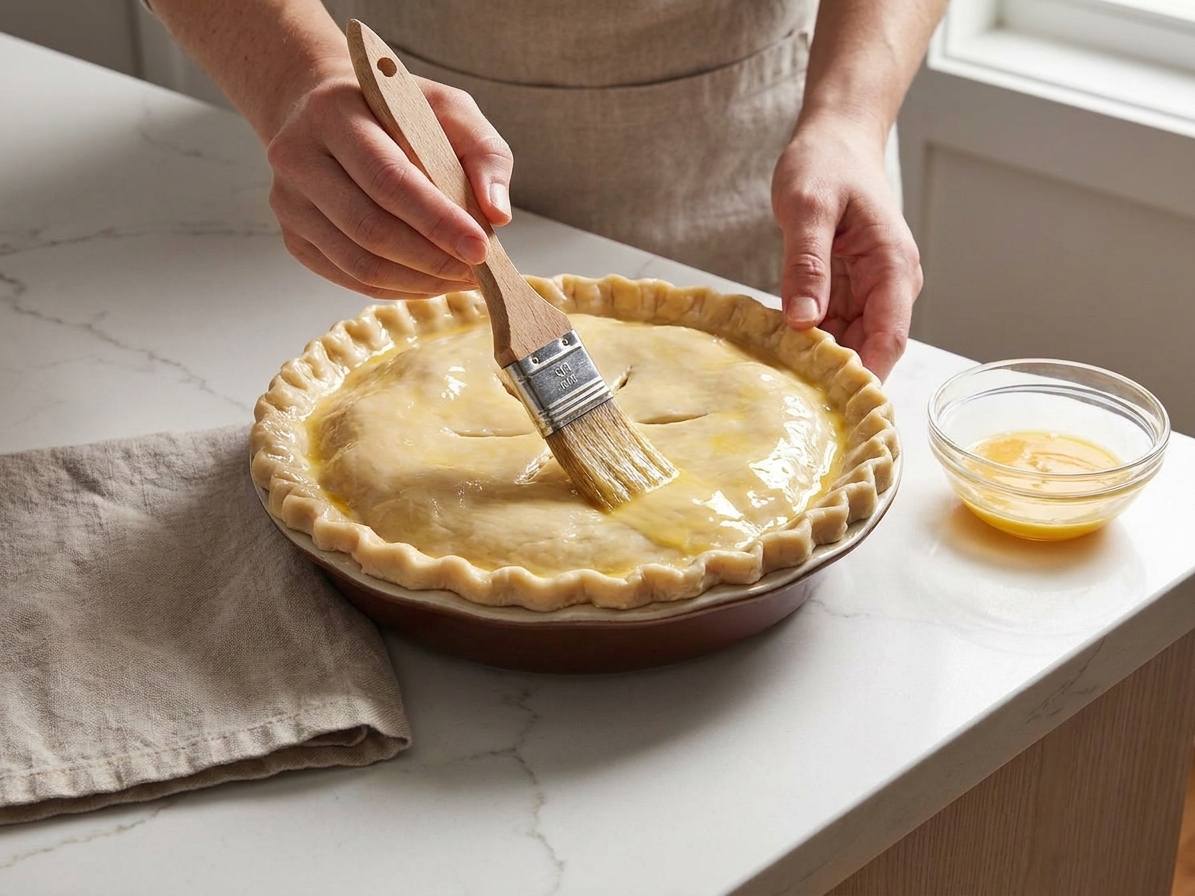 Hands brushing egg wash over an unbaked pot pie crust in a ceramic baking dish on a kitchen counter