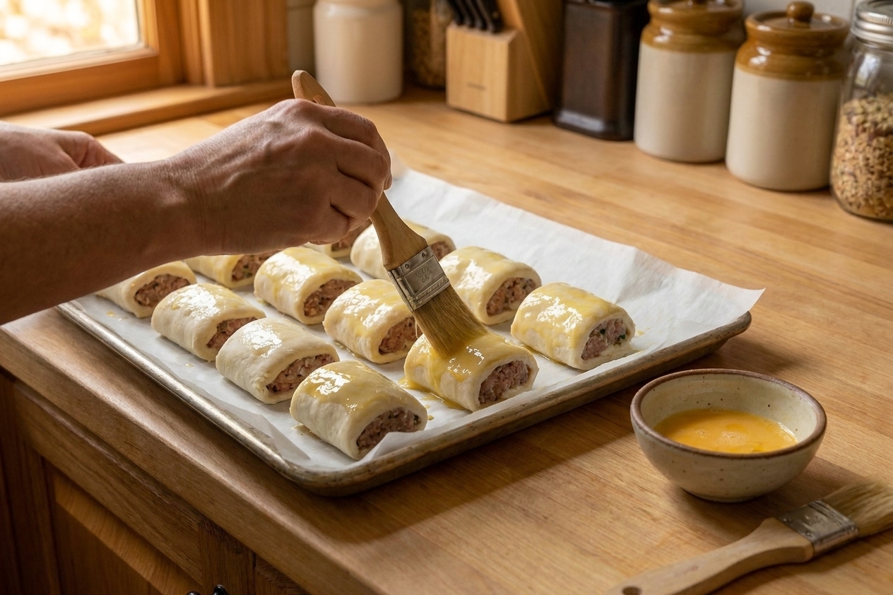 Hands brushing egg wash over unbaked sausage rolls on a parchment-lined sheet pan on a kitchen counter under warm lighting