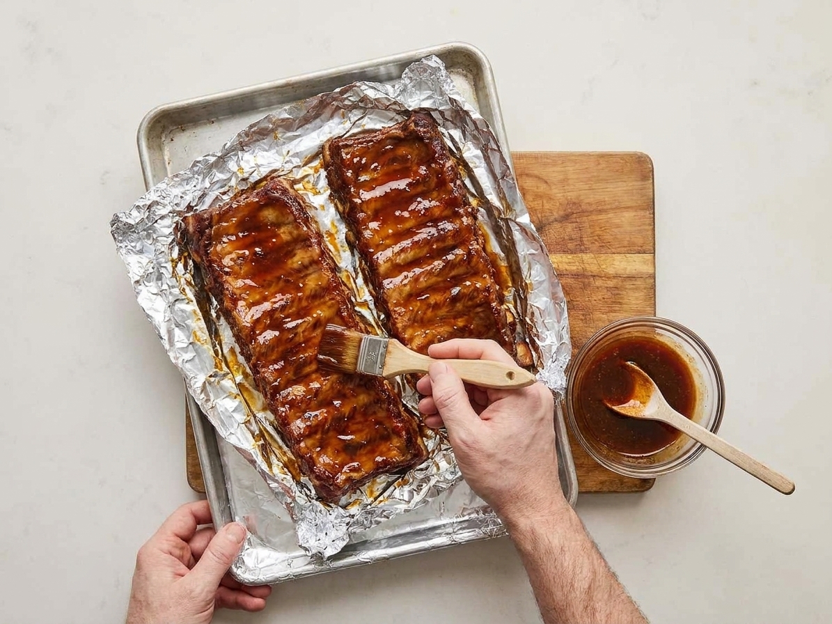 Hands brushing glossy barbecue glaze over baked spare ribs on a foil-lined sheet pan