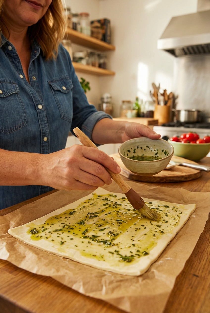 Hands brushing herb oil over a sheet of puff pastry on parchment paper