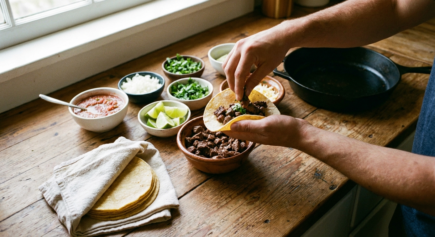 Hands building tacos over a countertop with small bowls of toppings and a stack of warm tortillas