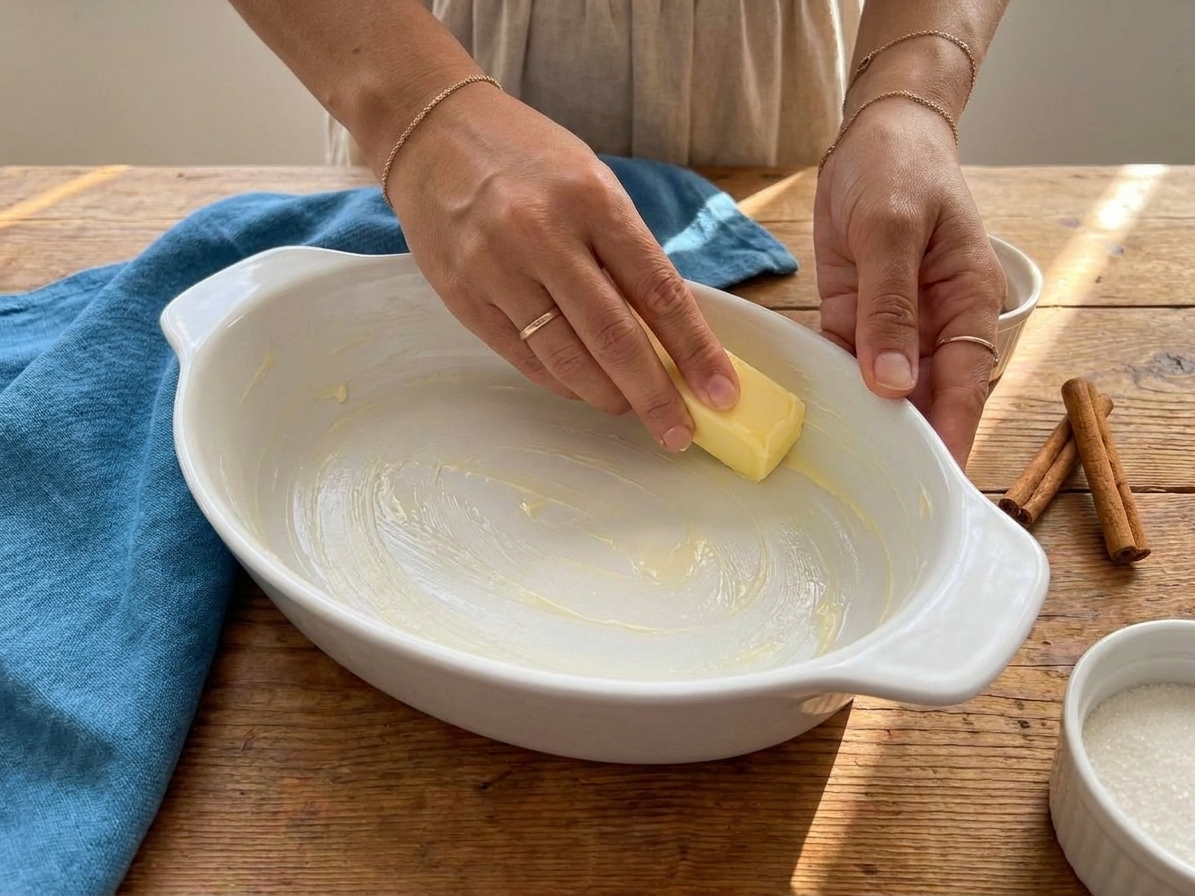Hands buttering a white ceramic baking dish on a kitchen counter before adding rice pudding mixture