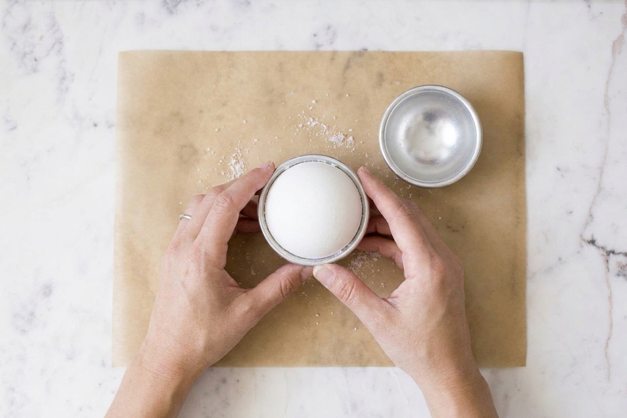 Hands carefully lifting a metal bath bomb mold to reveal a smooth round bath bomb on parchment paper