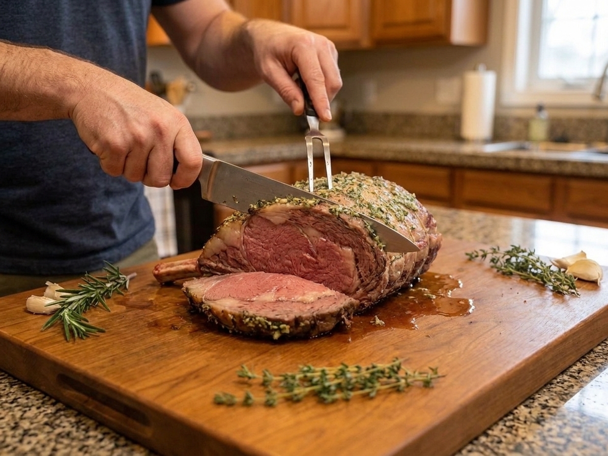 Hands carving a bone-in prime rib roast on a wooden cutting board with a chef's knife, with resting juices on the board