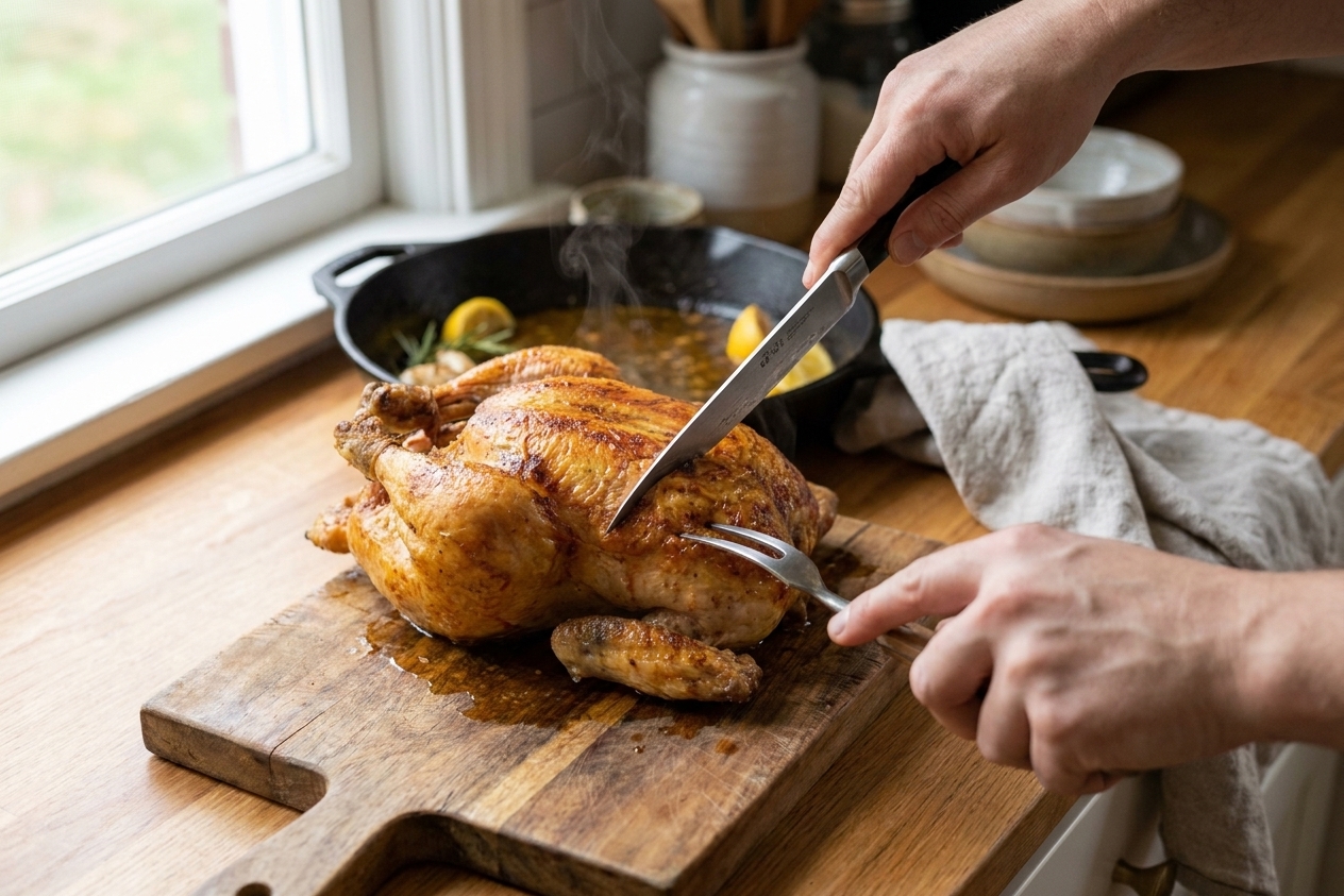 Hands carving a rested roast chicken on a wooden cutting board with a knife, with the cast iron skillet and pan juices nearby
