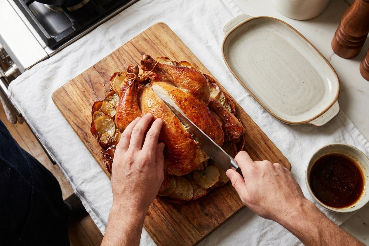 Hands carving a rested roasted chicken on a wooden cutting board with a chef knife, with a serving platter and small bowl of pan juices nearby on a kitchen counter