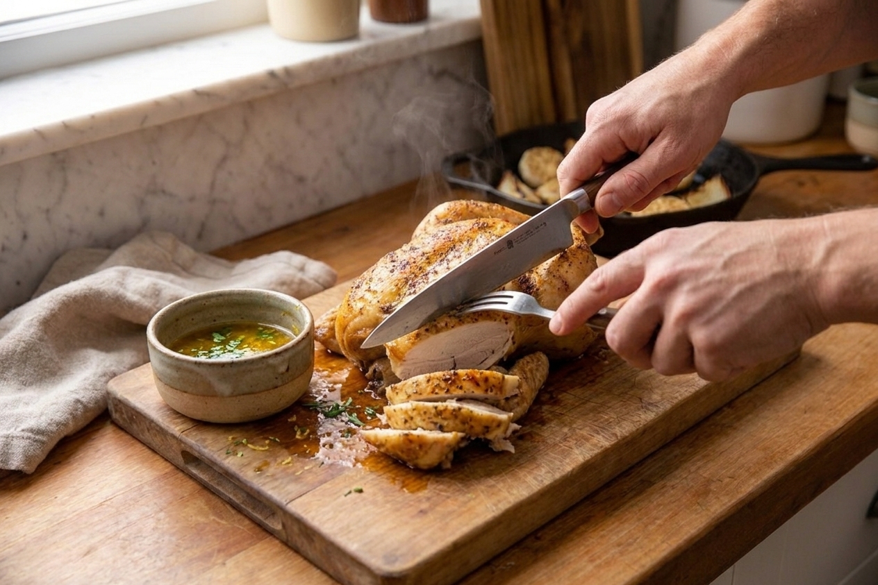 Hands carving a roast chicken on a cutting board while a small pot of lemon-garlic pan sauce sits beside it on a home kitchen counter