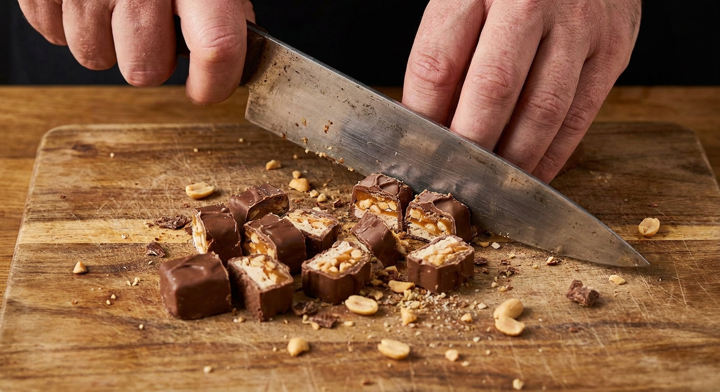 Hands chopping Snickers bars into bite-size pieces on a wooden cutting board with a chef's knife, close-up food photography style