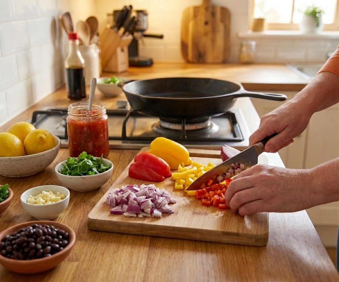 Hands chopping bell peppers and onions on a wooden cutting board beside small prep bowls in a warm-lit kitchen