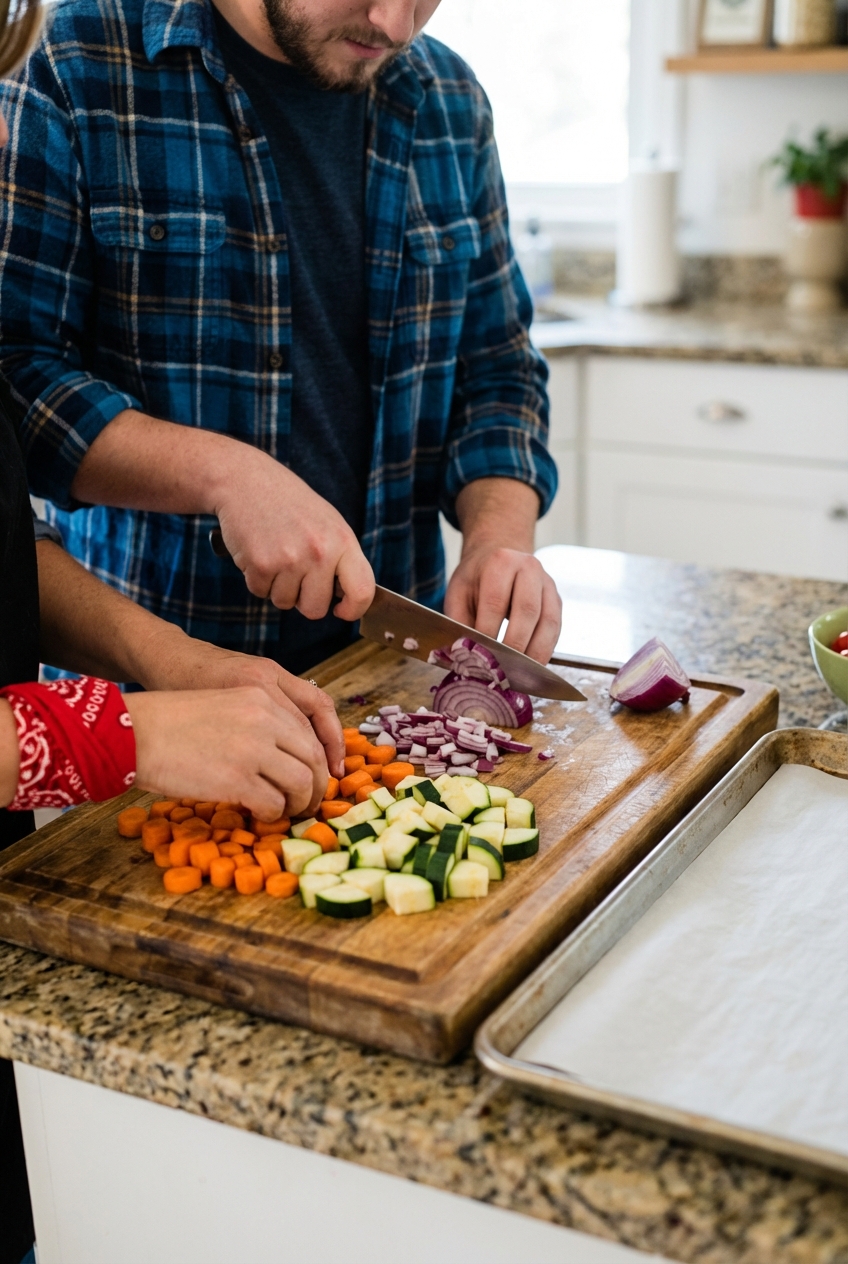Hands chopping carrots, zucchini, and red onion on a wooden cutting board next to a sheet pan