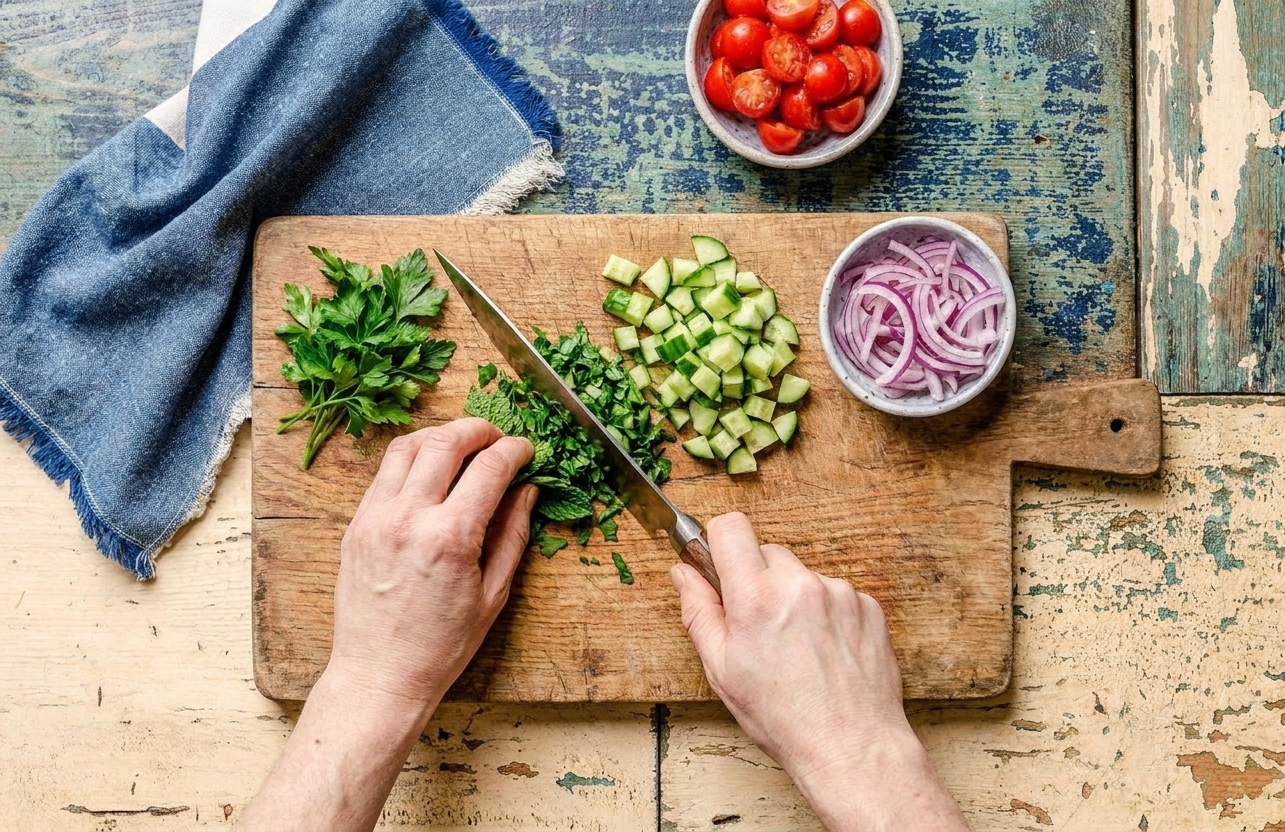 Hands chopping cucumber and herbs on a cutting board with cherry tomatoes and red onion nearby in a bright home kitchen