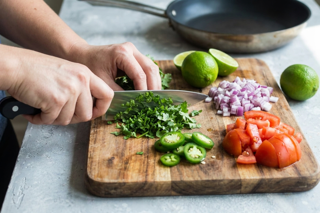 Hands chopping fresh cilantro and jalapeño on a cutting board with limes and diced vegetables nearby on a bright kitchen counter