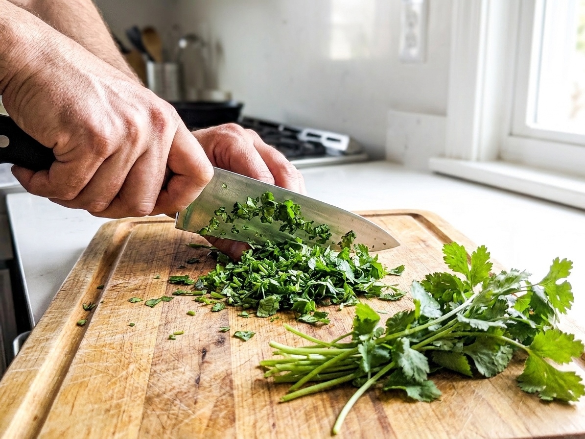 Hands chopping fresh cilantro on a wooden cutting board in a bright home kitchen
