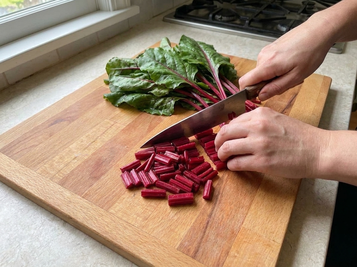 Hands chopping red beet green stems into small pieces on a wooden cutting board with a chef's knife, leaves piled to the side