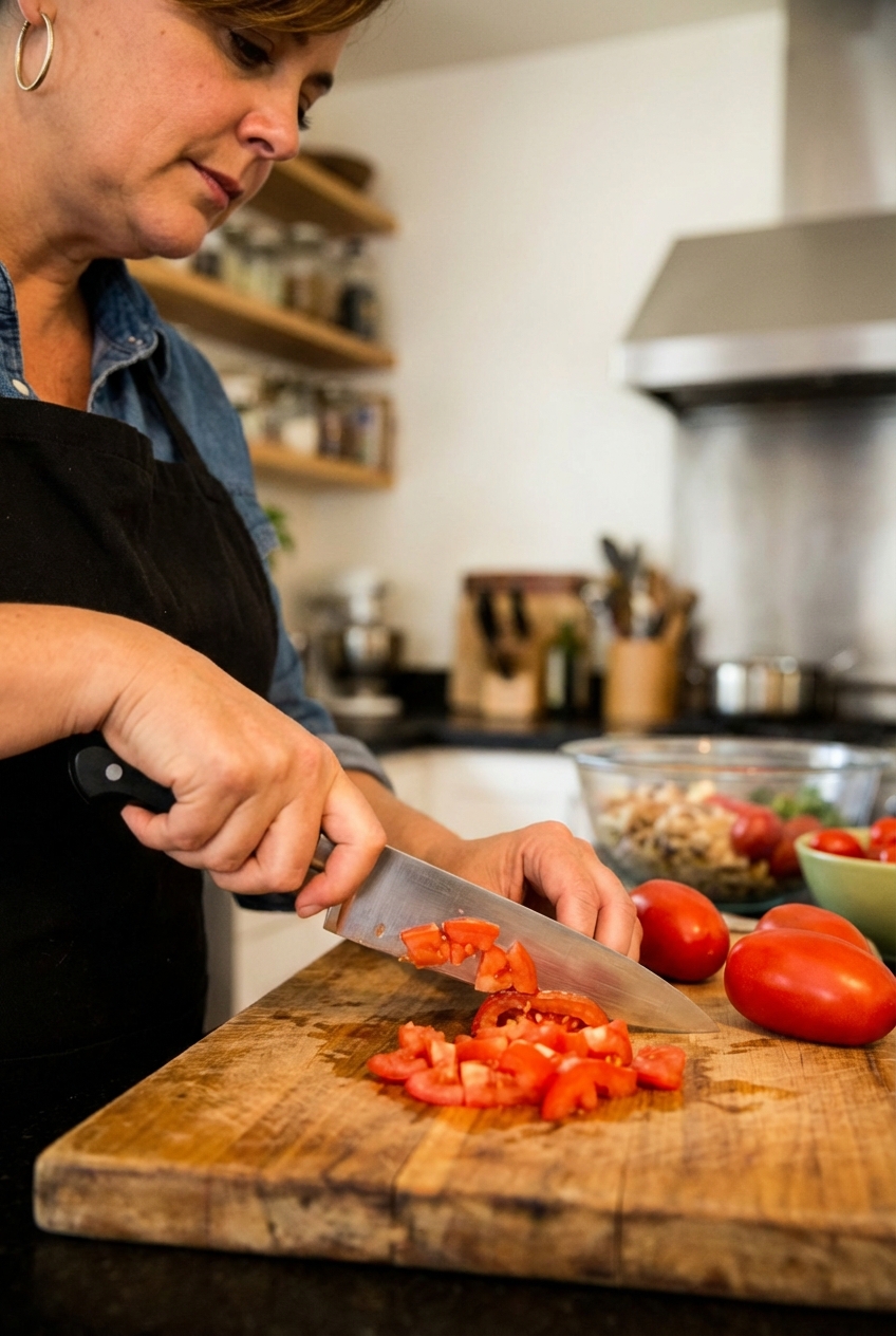 Hands chopping ripe Roma tomatoes on a cutting board with a chef's knife