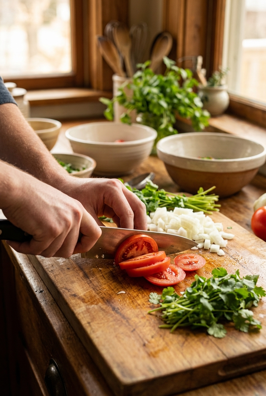 Hands chopping ripe tomatoes, onion, and cilantro on a cutting board with a chef's knife