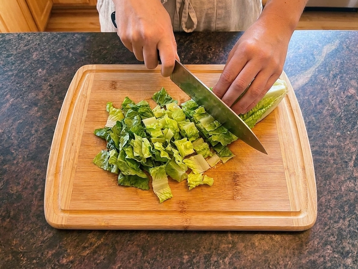 Hands chopping romaine lettuce into bite-size pieces on a wooden cutting board in a bright home kitchen
