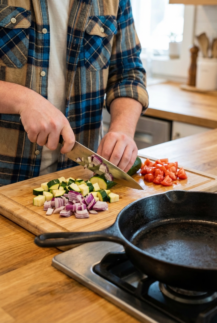 Hands chopping zucchini, onion, and tomato on a cutting board next to a skillet