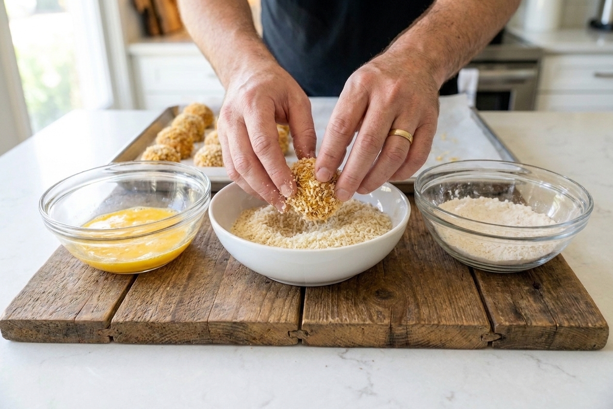 Hands coating a boudin ball in panko breadcrumbs with bowls of flour and egg wash nearby on a kitchen counter