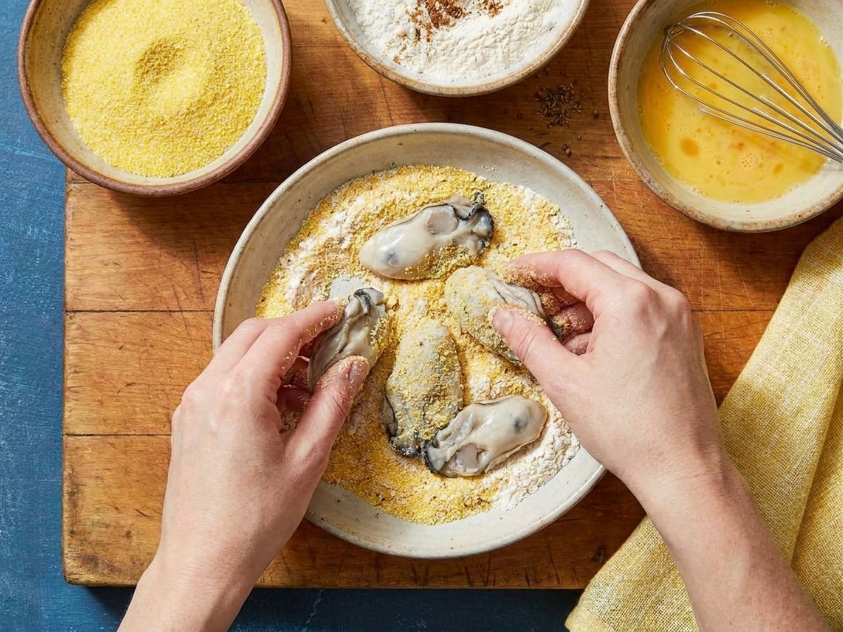 Hands coating shucked oysters in a seasoned cornmeal and flour mixture in a shallow bowl on a kitchen counter