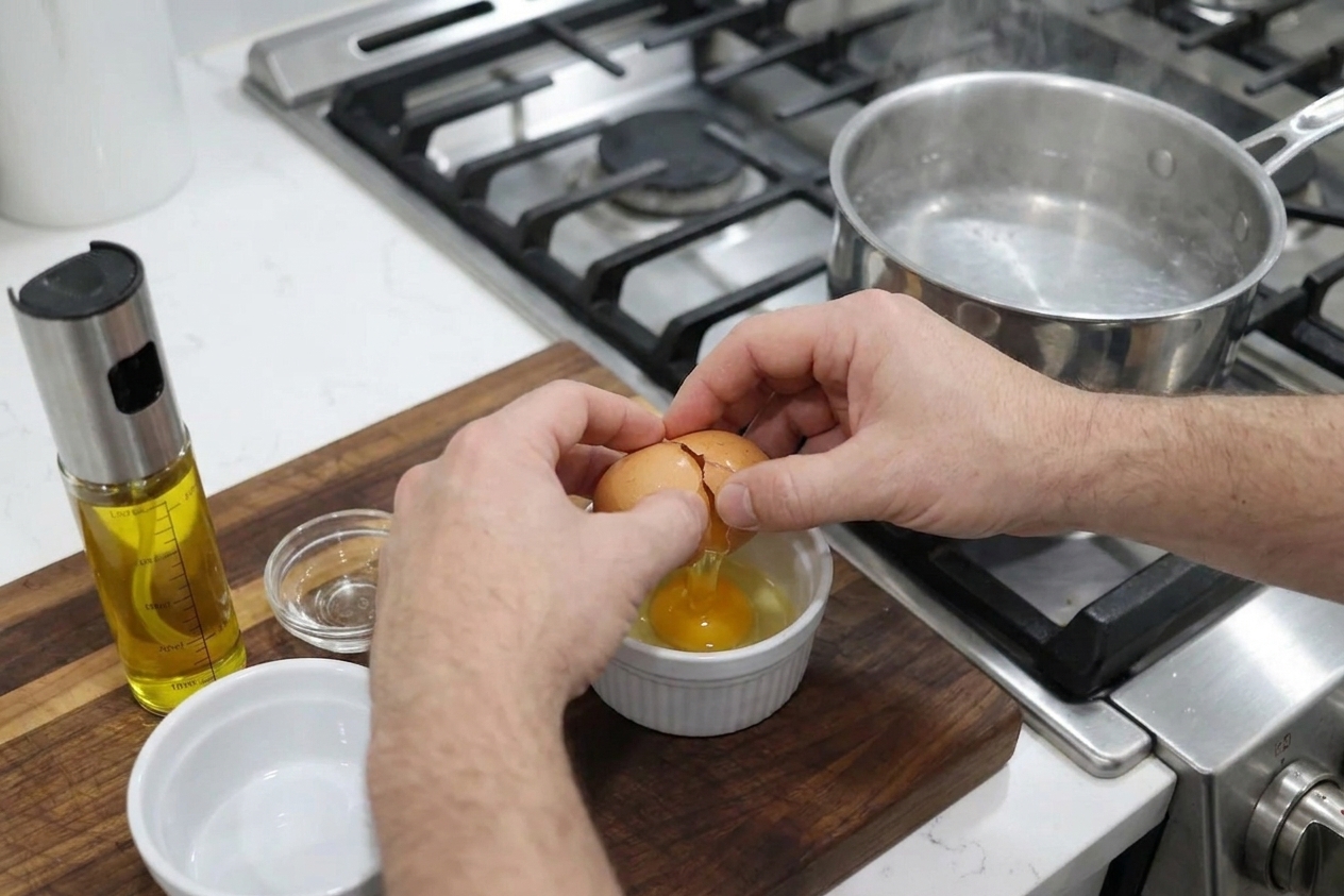 Hands cracking a fresh egg into a small white ramekin on a wooden cutting board next to a simmering pot