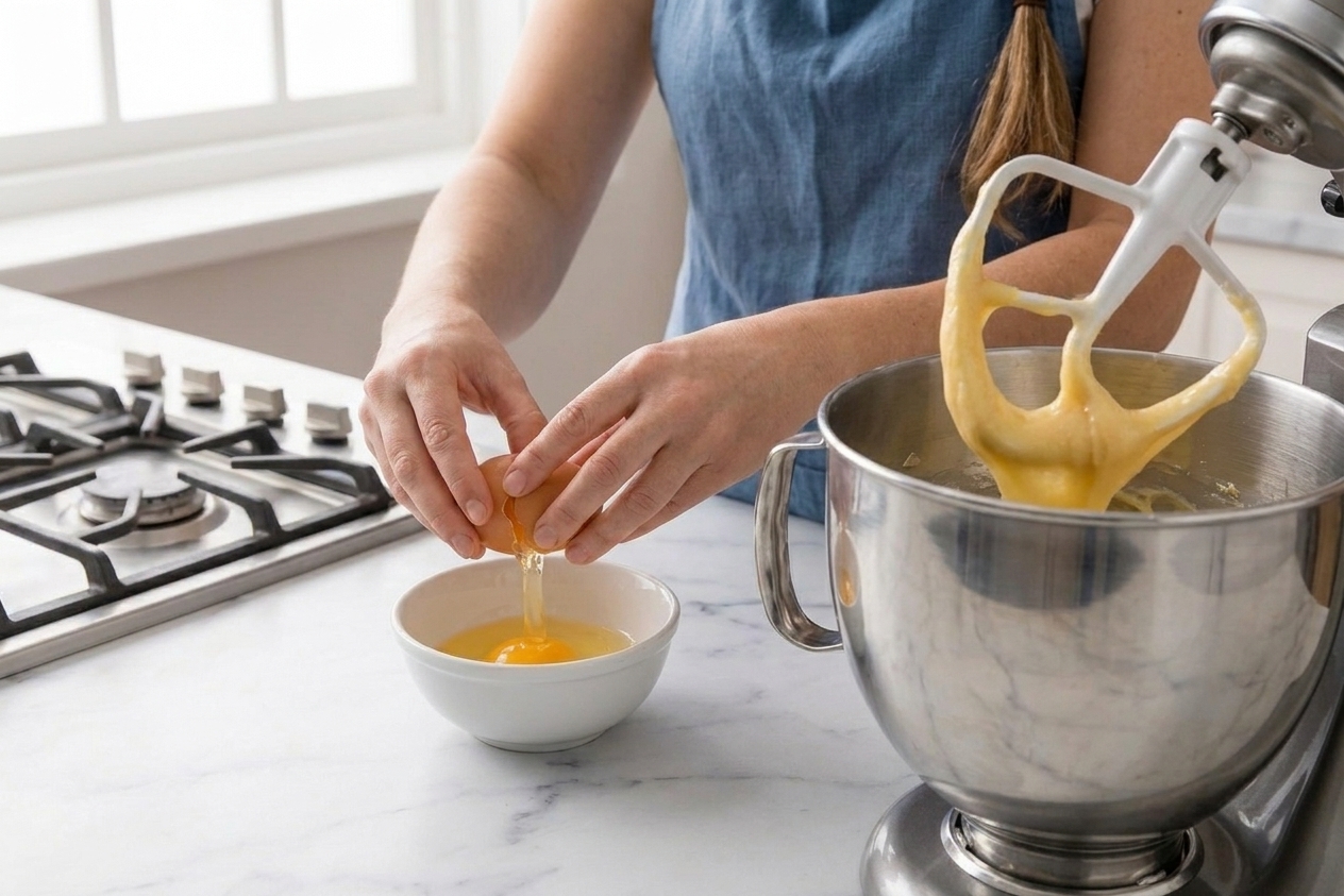 Hands cracking an egg into a bowl beside a mixer as glossy choux dough is being beaten in a mixing bowl