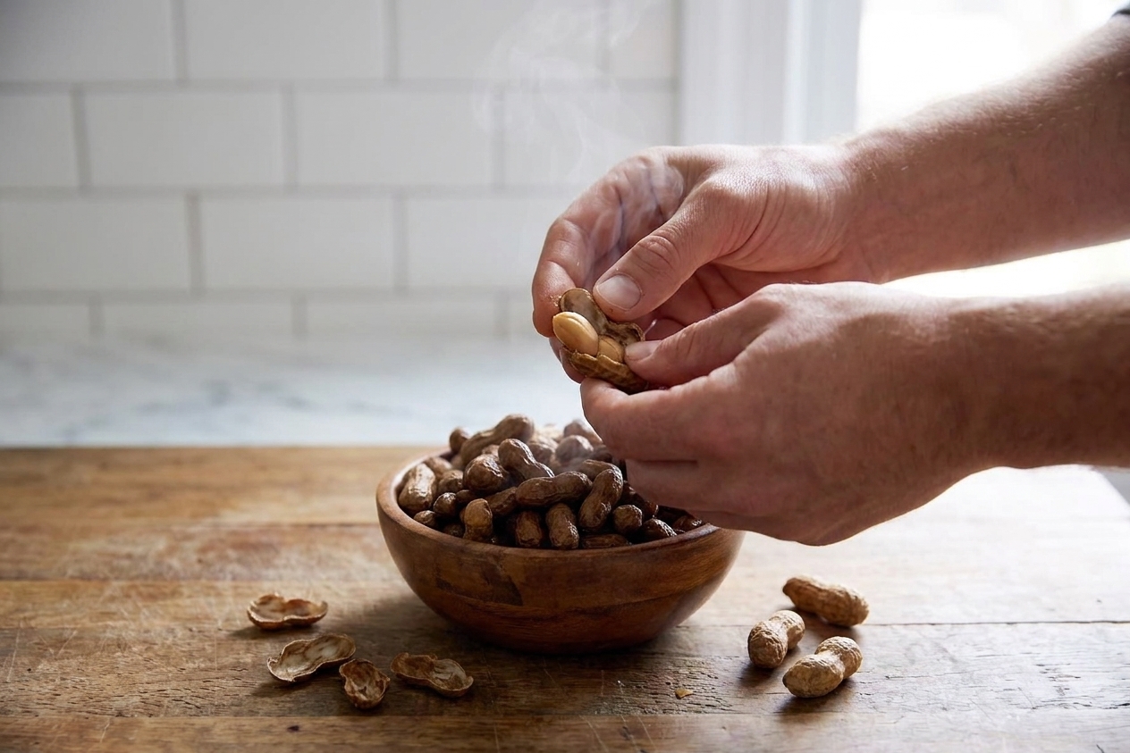 Hands cracking open a warm cooked peanut over a small bowl with a few empty shells on a wooden countertop