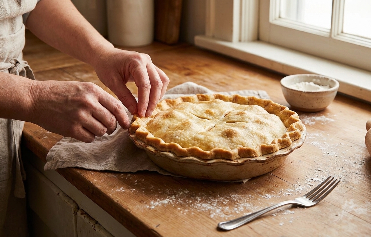 Hands crimping the edge of a double-crust pie in a ceramic pie dish on a kitchen counter