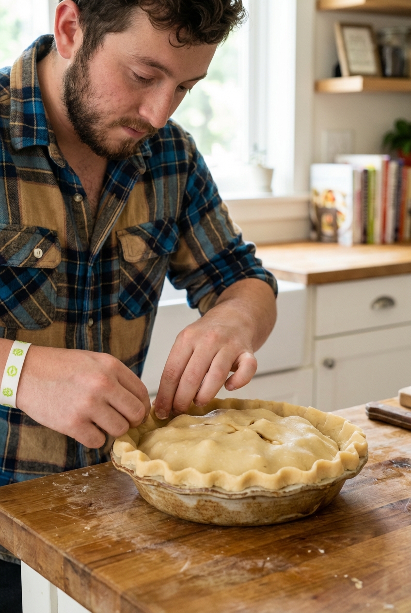 Hands crimping the edge of a pie crust in a ceramic pie dish on a kitchen counter